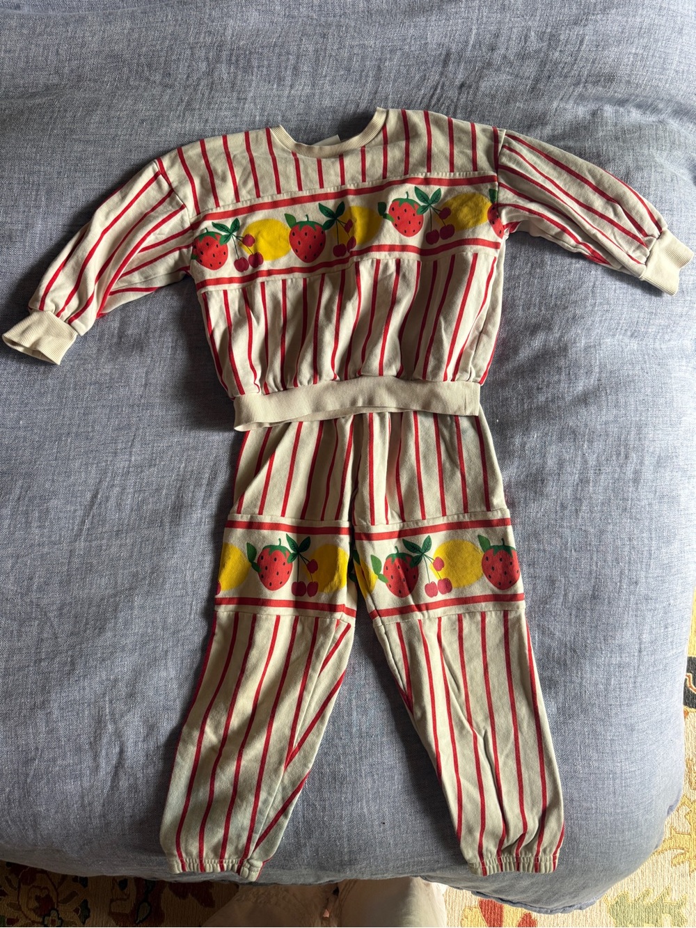 Mini Rodini Cream and Red Striped Sweat Set with Fruit Details
